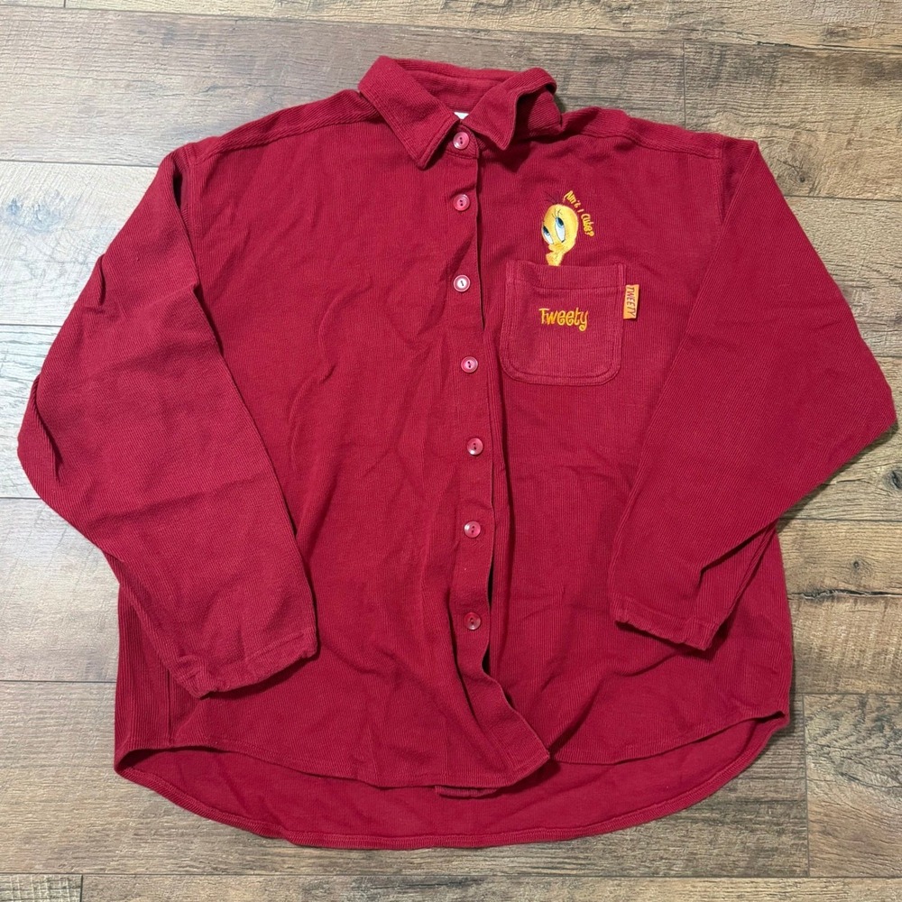 Vintage Looney Tunes Tweety‎ Bird Red Corduroy Button Down Shirt Womens XL 90s